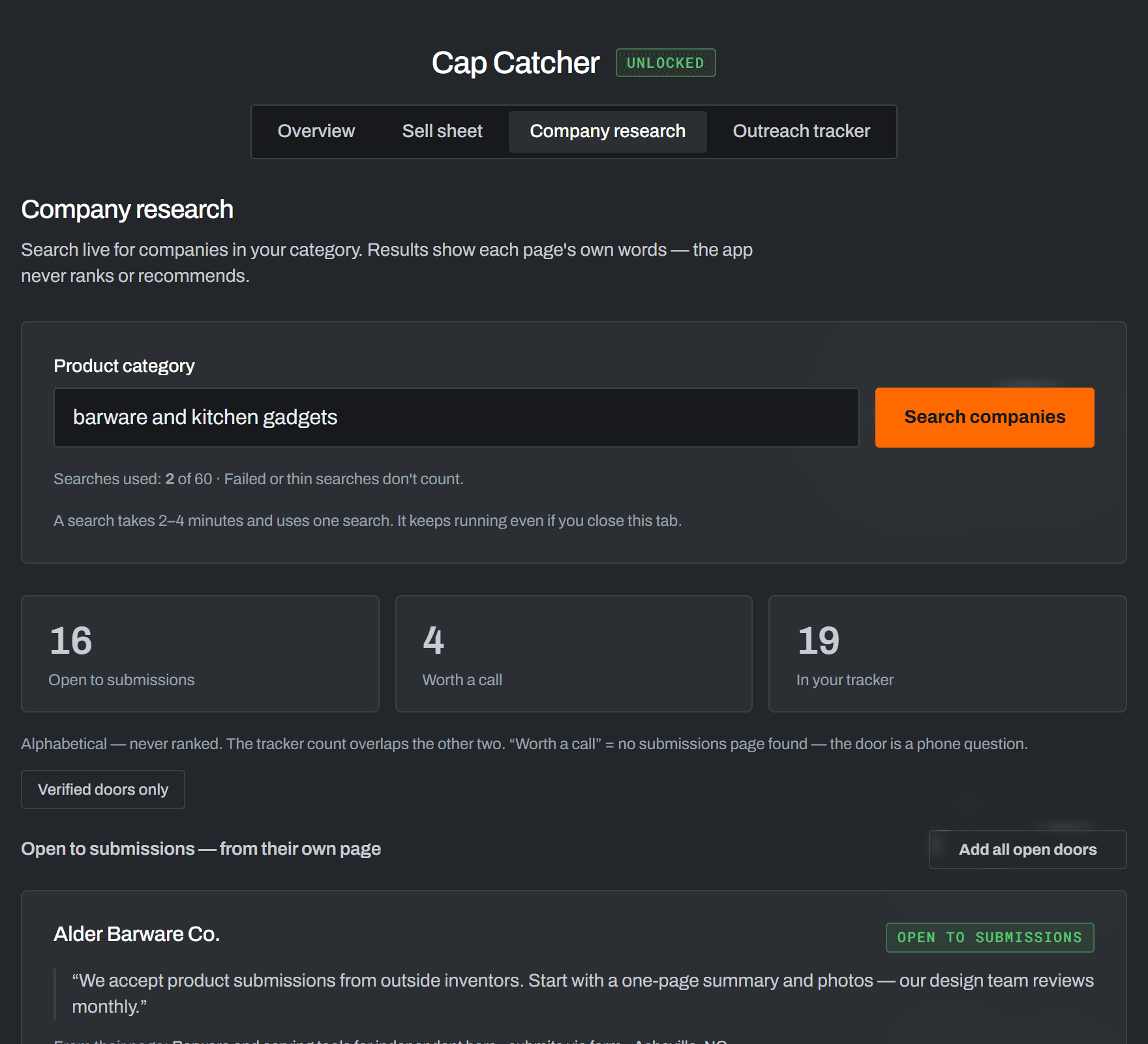 Company research results screen from the app