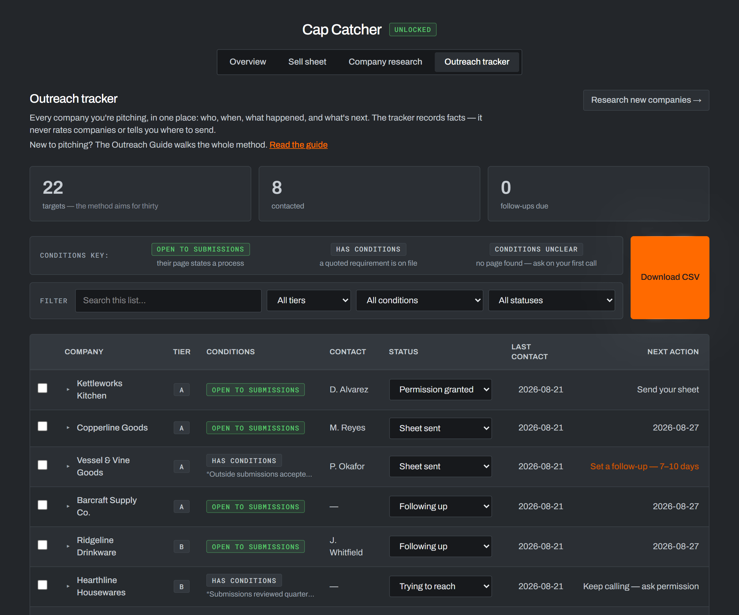 Outreach tracker table from the app